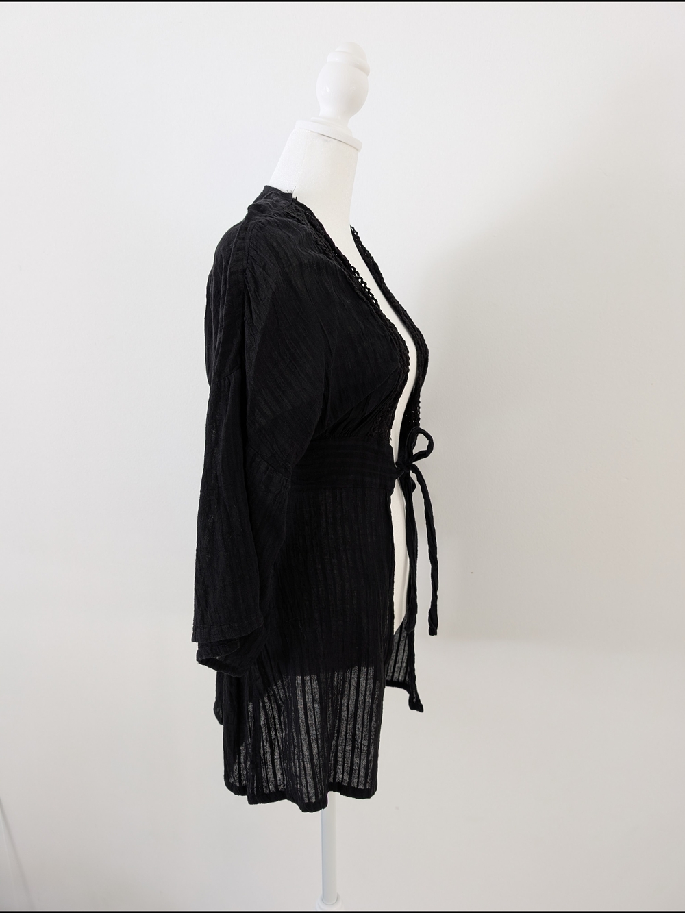 Elan Kimono Women L Black Tie Front Crochet Trim Swim Cardigan Open Front Boho - Picture 4 of 8